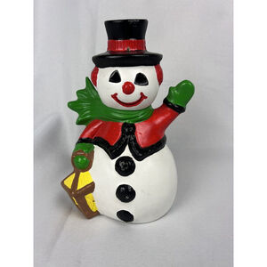 Vintage 80's Ceramic Christmas Holiday Waving Snowman Scarf & Lantern Tea Lite?